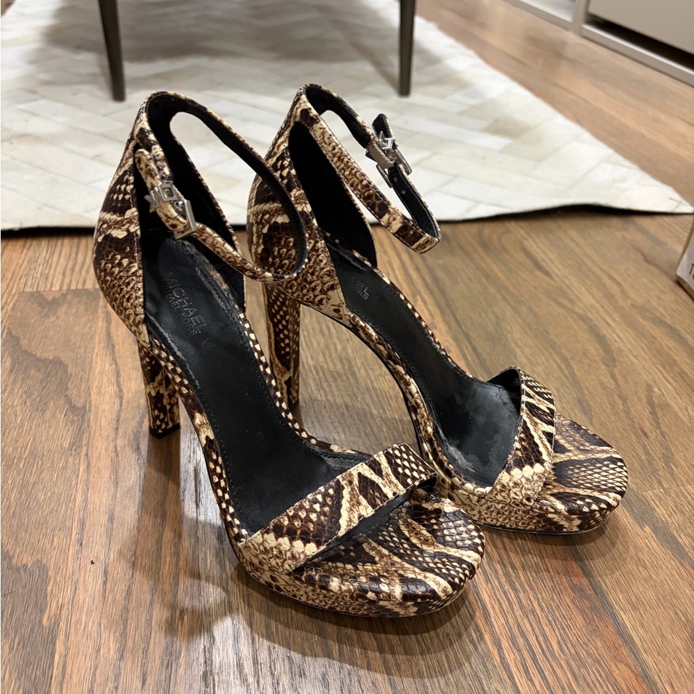 Michael Kors Brown & Cream Snake-Print Platform Ankle-Strap Heels